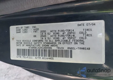 1994 Toyota Pickup 1/2 Ton Short Whlbase Stb z USA, uszkodzony, nr VIN 4TARN81A2RZ268986